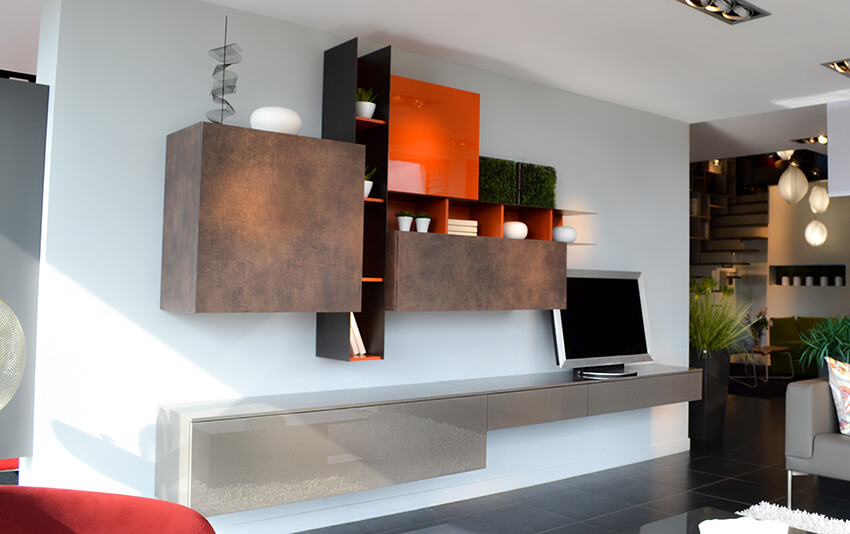 meuble tv orange et brun sur-mesure